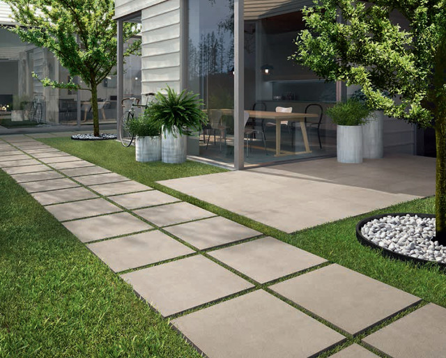 Modern patio with cement look porcelain tile walkway Modern Patio