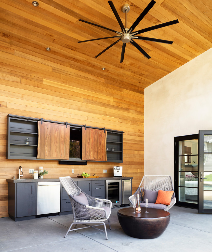 Réalisation d'une terrasse arrière minimaliste de taille moyenne avec une cuisine d'été, une dalle de béton et une extension de toiture.