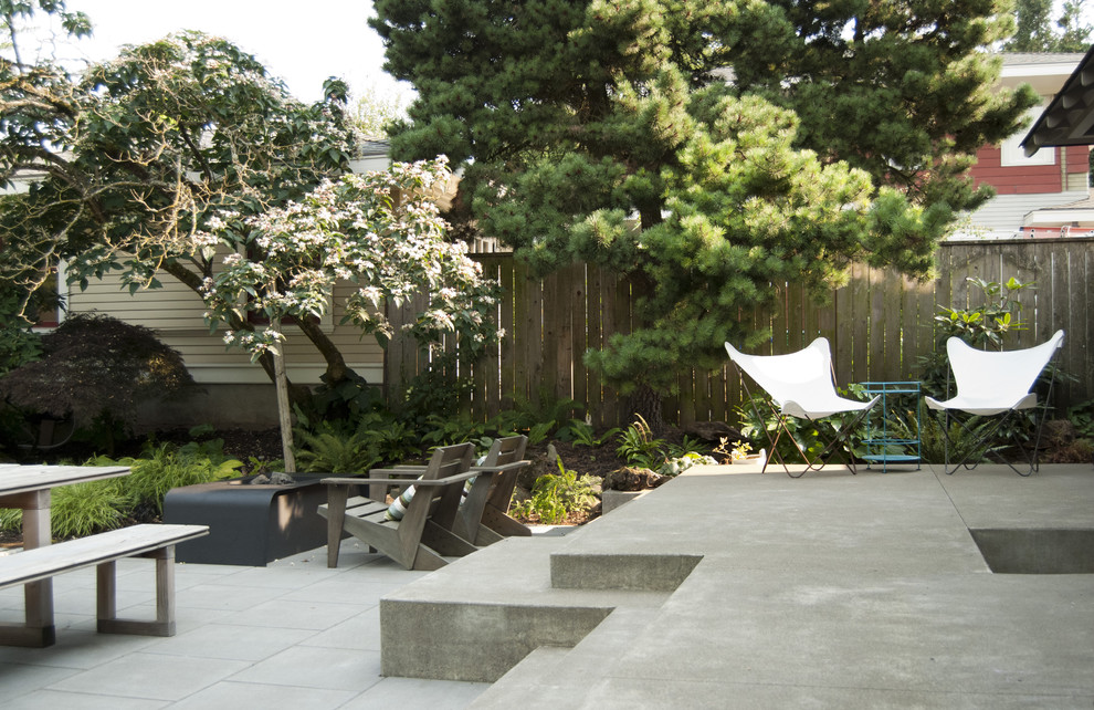 Esempio di un patio o portico contemporaneo con un focolare e lastre di cemento