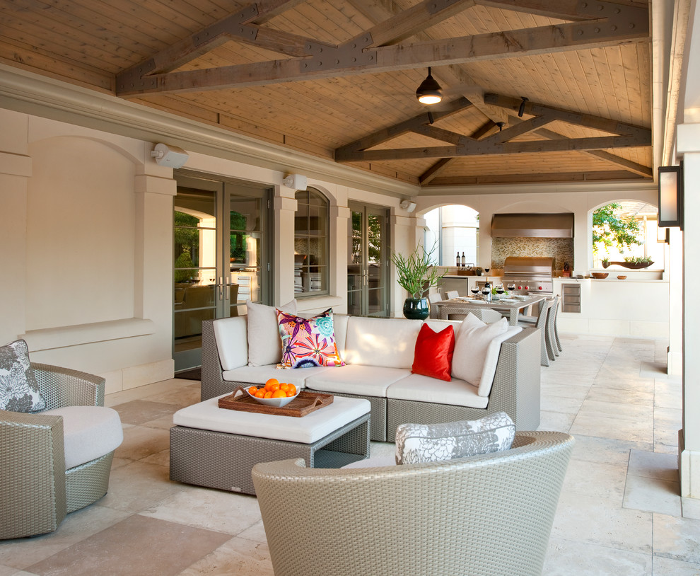 Patio - transitional patio idea in Dallas with a roof extension