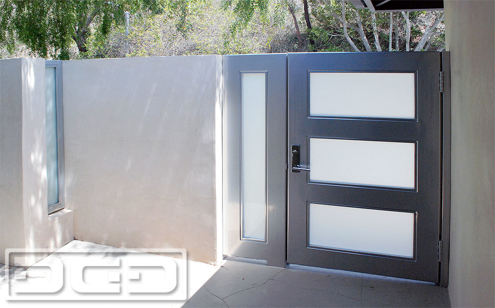 Modern Steel Glass Entry Gates With White Laminate Glass Metallic Finish Modern Patio Orange County By Dynamic Garage Door