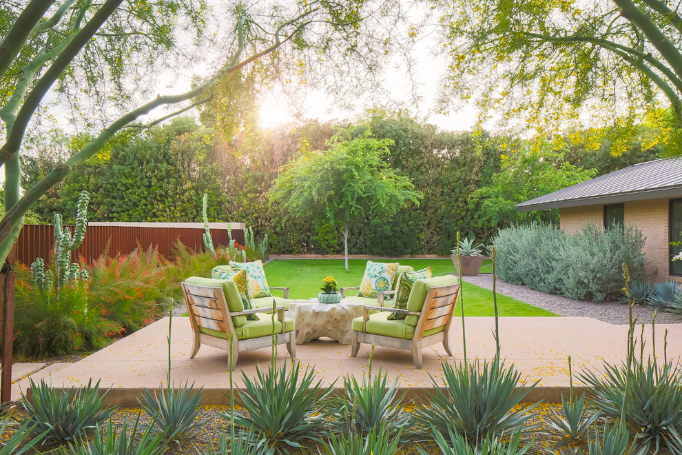 フェニックスにあるミッドセンチュリースタイルのおしゃれな中庭のテラス (タイル敷き、日よけなし) の写真
