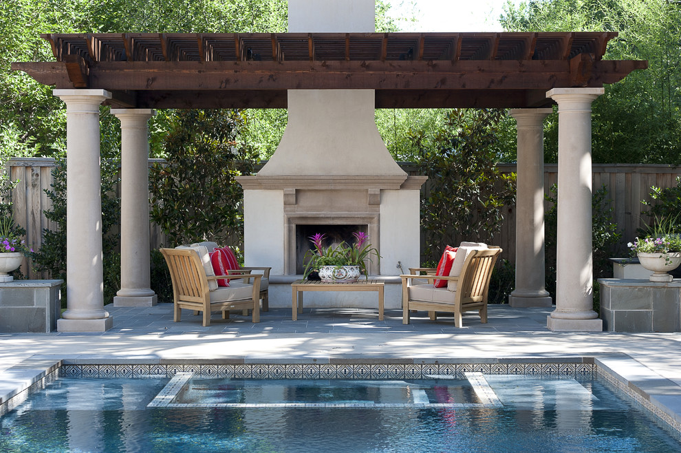 Example of a mid-sized classic backyard brick patio design in Dallas with a fire pit and a gazebo