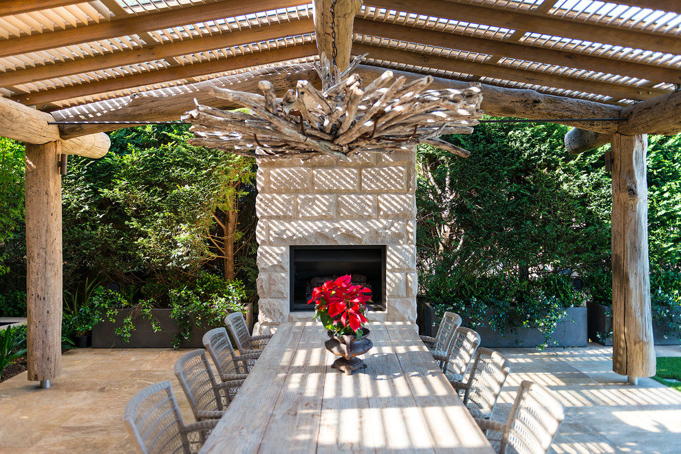 Design ideas for a large rustic back patio in Sydney with a fire feature and a pergola.