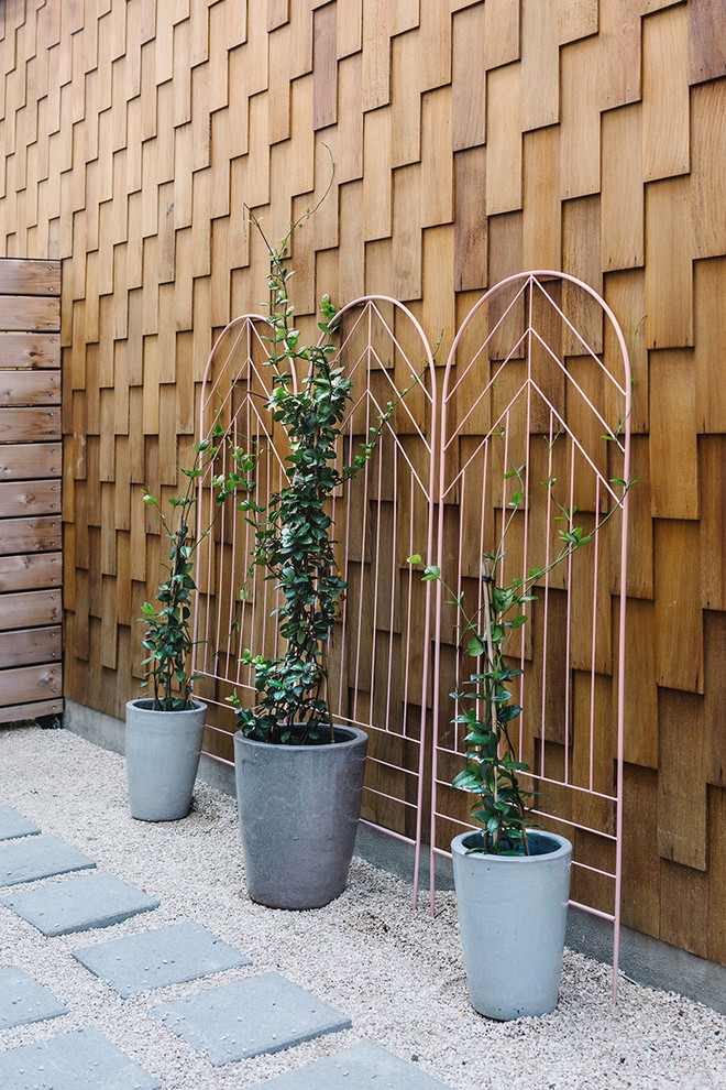 Exemple d'une terrasse avec des plantes en pots scandinave de taille moyenne avec une cour, du carrelage et aucune couverture.