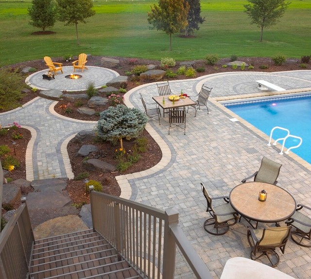 MultiPurpose Patio Paver patio with pool, fire pit, seating areas