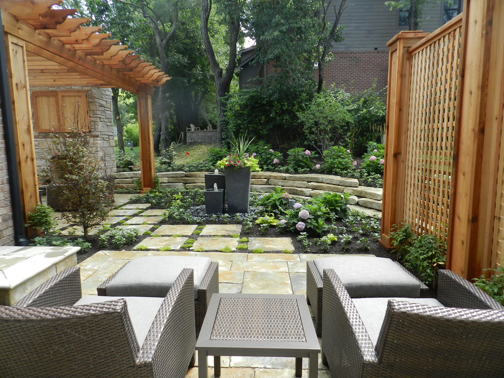 Mid-sized elegant backyard brick patio photo in Chicago