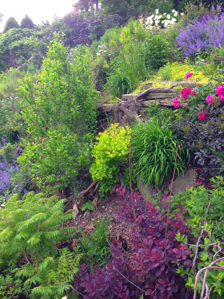 Idee per un grande giardino xeriscape eclettico esposto in pieno sole in estate con un muro di contenimento, un pendio, una collina o una riva e ghiaia