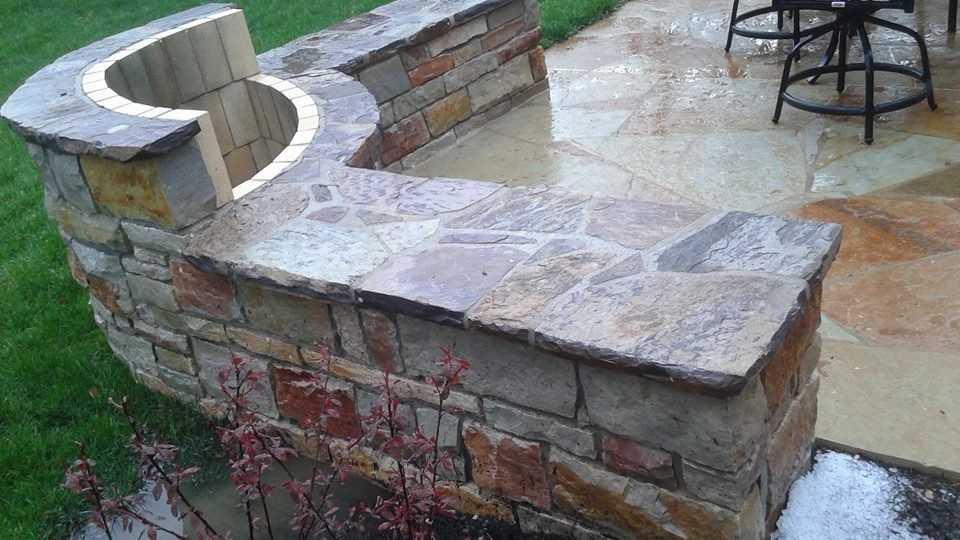 Natural Stone fire pit Stone walls stairs flagstone patio ...