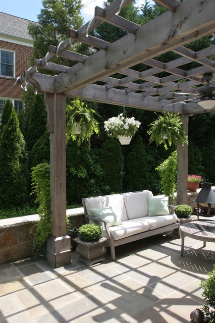 Natural Wood Pergola With Hanging Plants Over Flagstone Patio Contemporary Patio Dc Metro By Land Art Design Inc