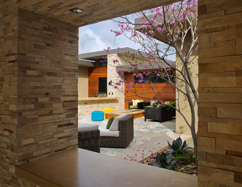 Immagine di un grande patio o portico minimal dietro casa con un focolare, pavimentazioni in pietra naturale e nessuna copertura