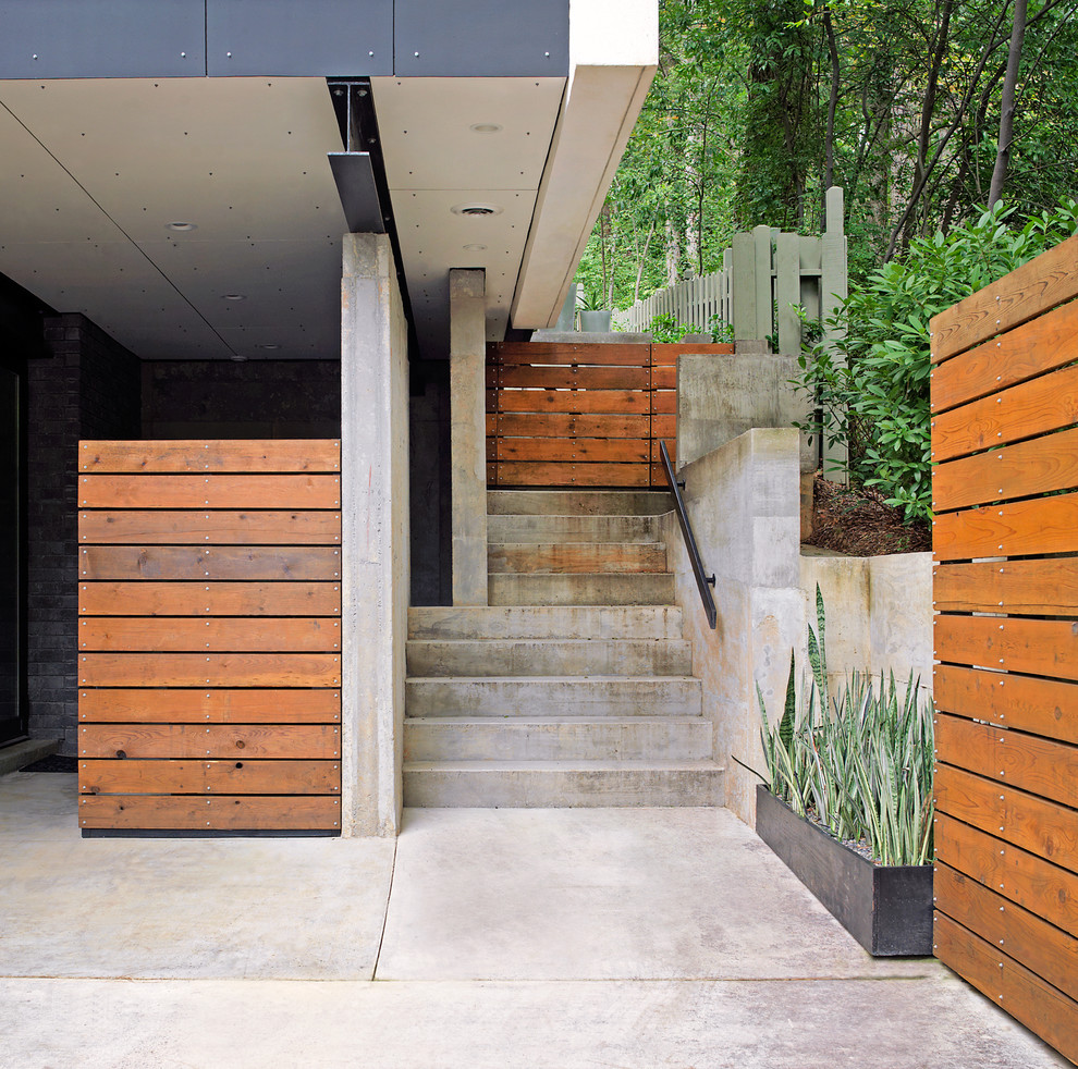 Immagine di un patio o portico contemporaneo di medie dimensioni e dietro casa con scale, lastre di cemento e un tetto a sbalzo