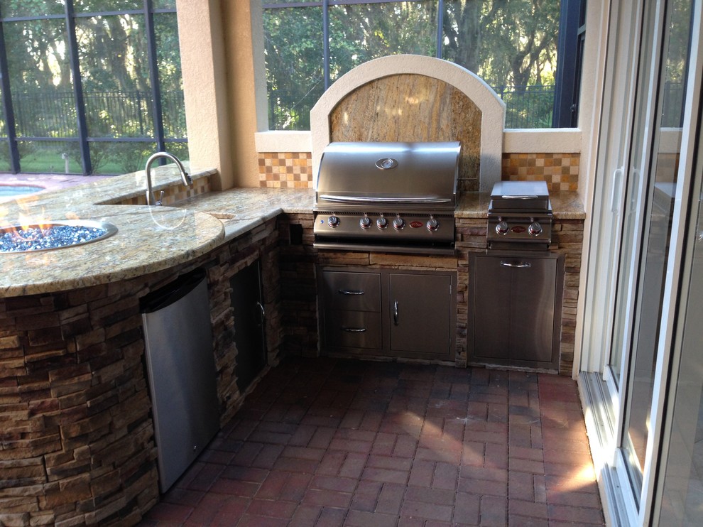 Inspiration for a mid-sized timeless backyard brick patio remodel in Tampa with a fire pit and a roof extension