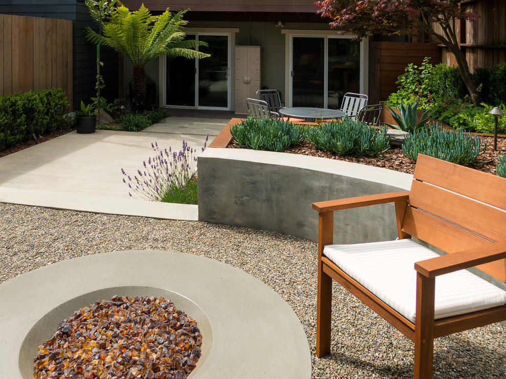 Inspiration for a medium sized contemporary back patio in San Francisco with a fire feature and gravel.