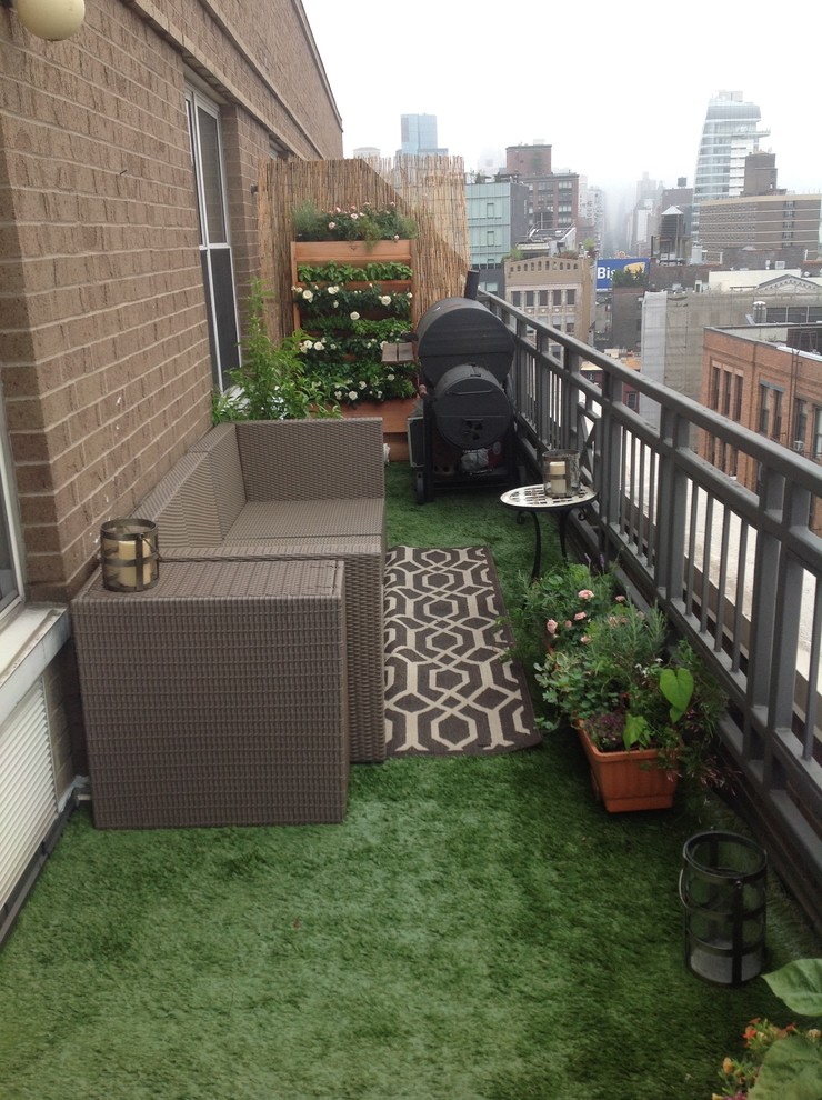 Photo of a small contemporary side patio in New York with a potted garden and no cover.