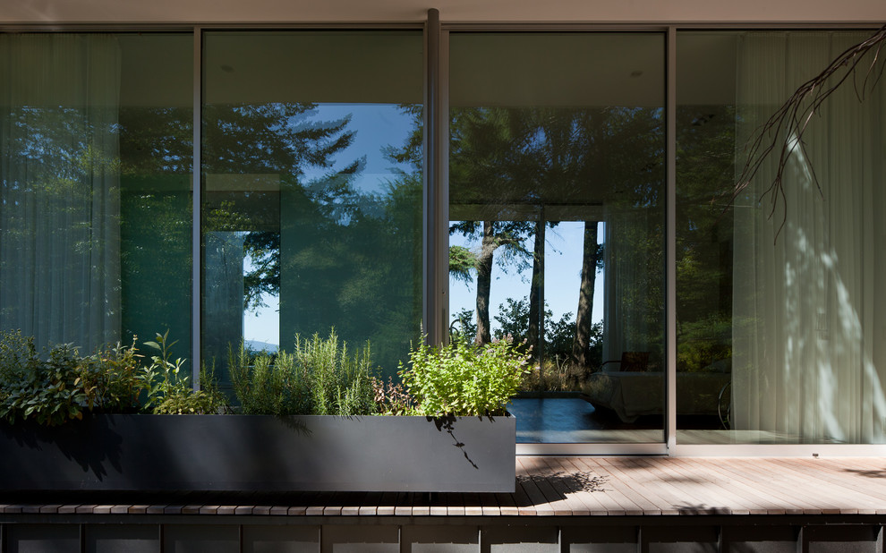 На фото: двор среднего размера на заднем дворе в стиле модернизм с растениями в контейнерах, настилом и навесом
