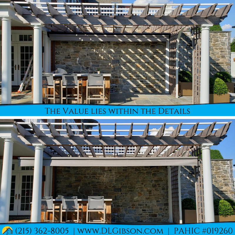 Idee per un grande patio o portico american style dietro casa con pavimentazioni in pietra naturale e un parasole