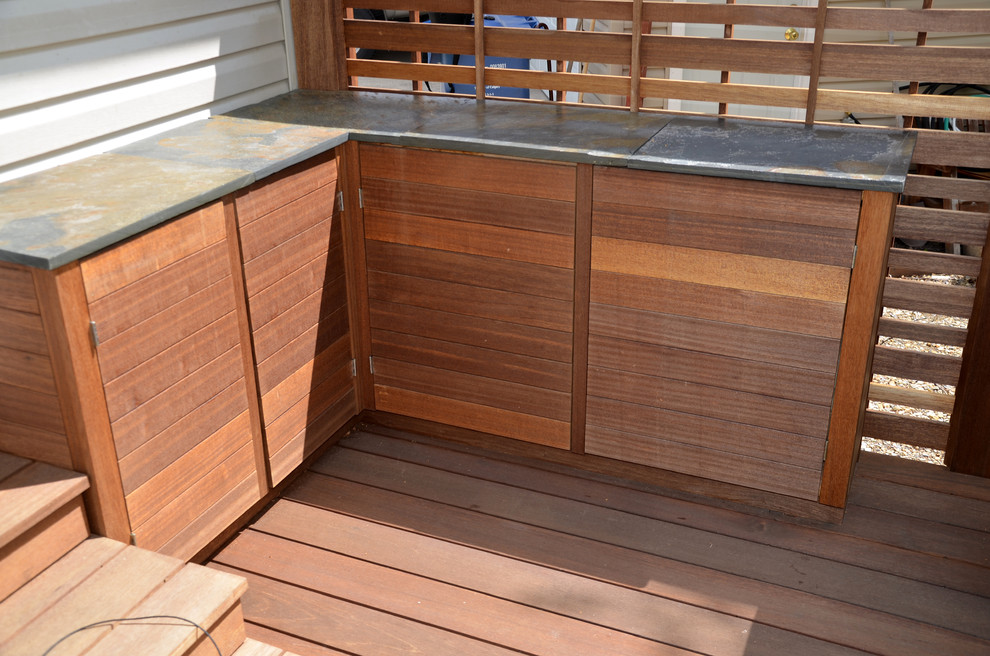 Example of a mid-sized classic backyard patio kitchen design in Calgary with decking