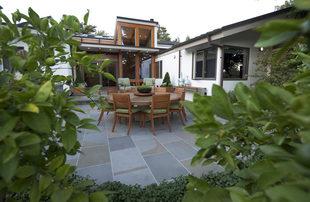 Exemple d'une terrasse arrière tendance avec un point d'eau, des pavés en brique et une extension de toiture.