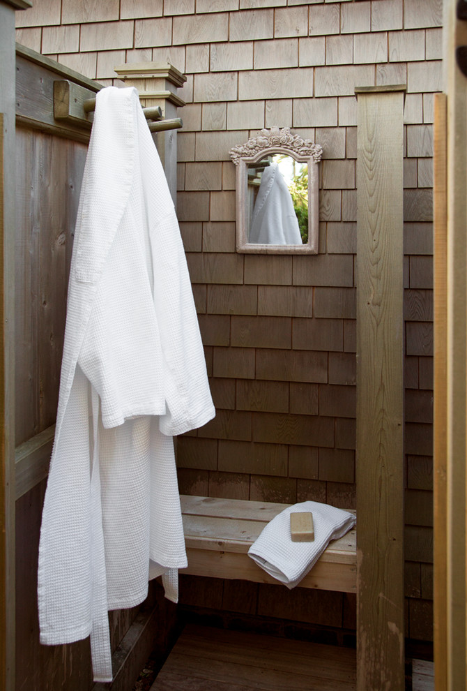 Outdoor patio shower - mid-sized coastal backyard outdoor patio shower idea in Boston with decking and no cover