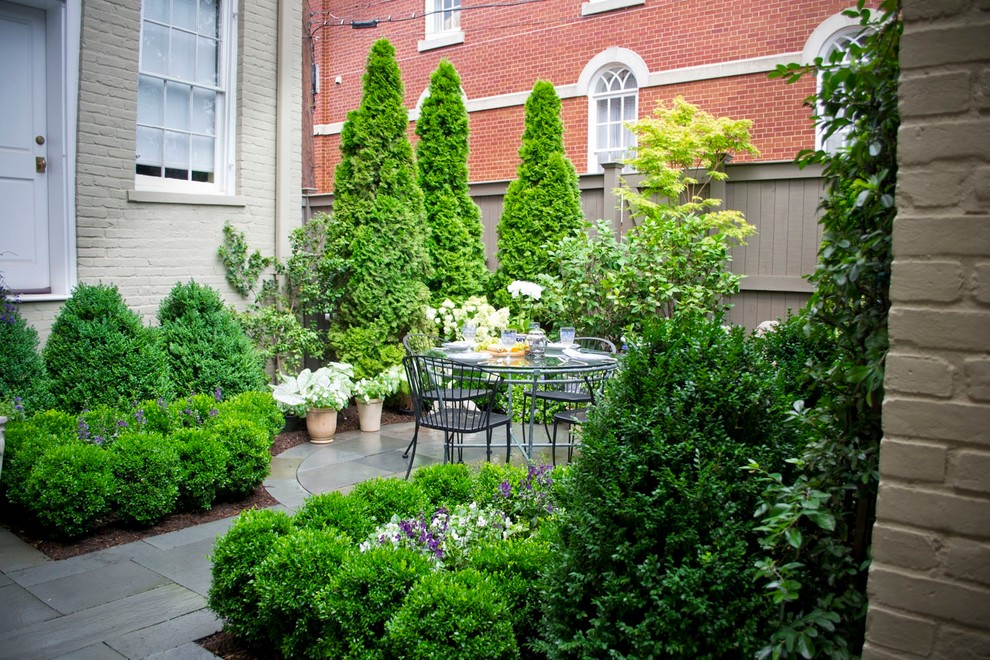 Inspiration for a small timeless backyard stone patio remodel in DC Metro with no cover