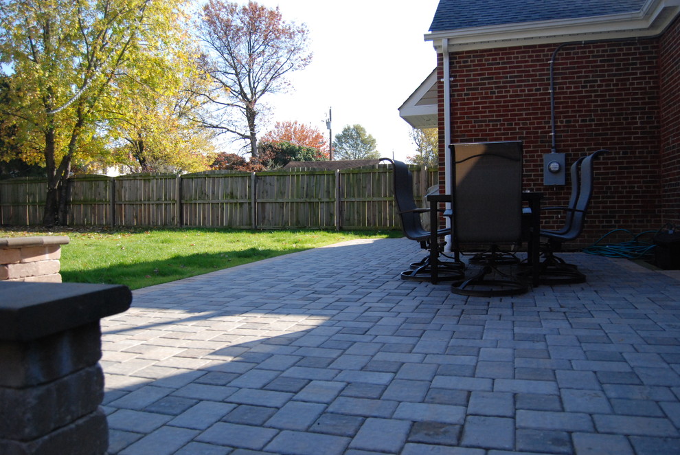 Mid-sized elegant backyard brick patio photo in Richmond with a fire pit and no cover