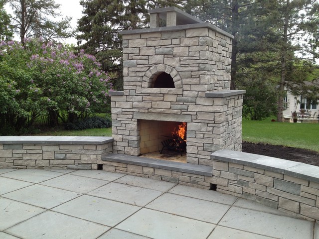 Outdoor Fondulac Stone Fireplace and Pizza - Traditional - Patio