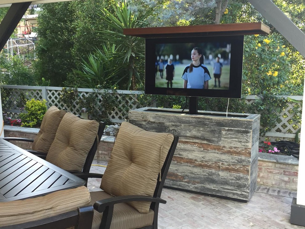 Outdoor Tv Lift Tile And Wood, Outdoor Tv Cabinet Ideas