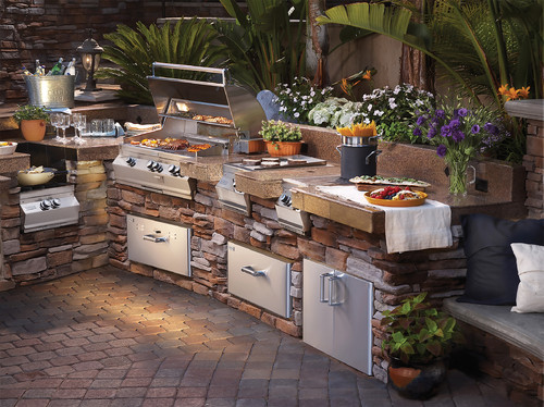Stone Kitchen Deck and Brown Granite Countertops: Outdoor Kitchen Cabinet Ideas