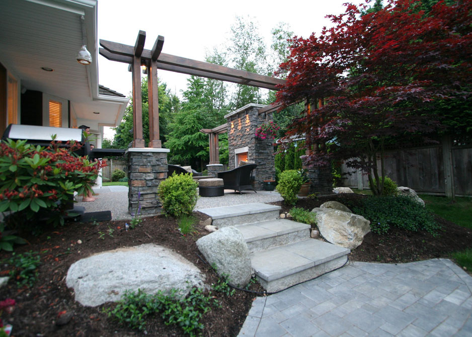 Example of a large trendy backyard stamped concrete patio design in Vancouver with a fire pit and no cover
