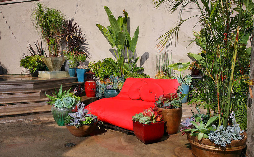 На фото: большой двор на внутреннем дворе в средиземноморском стиле с растениями в контейнерах и покрытием из бетонных плит без защиты от солнца