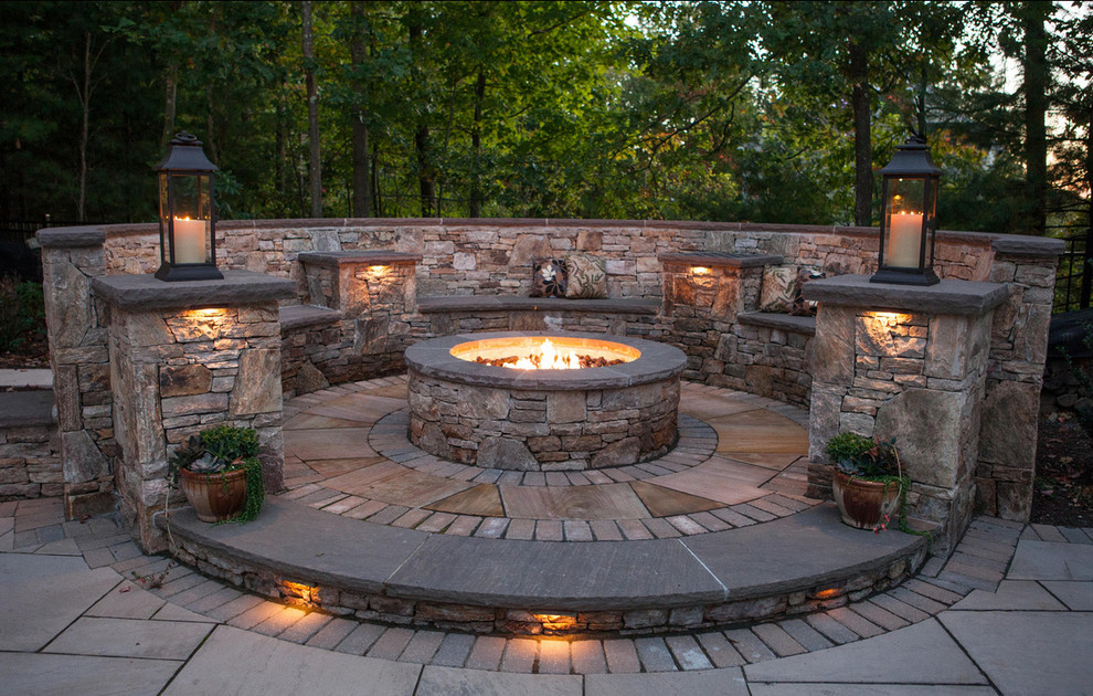 Outdoor Living Space with Seating Walls and Fire Pit Traditional