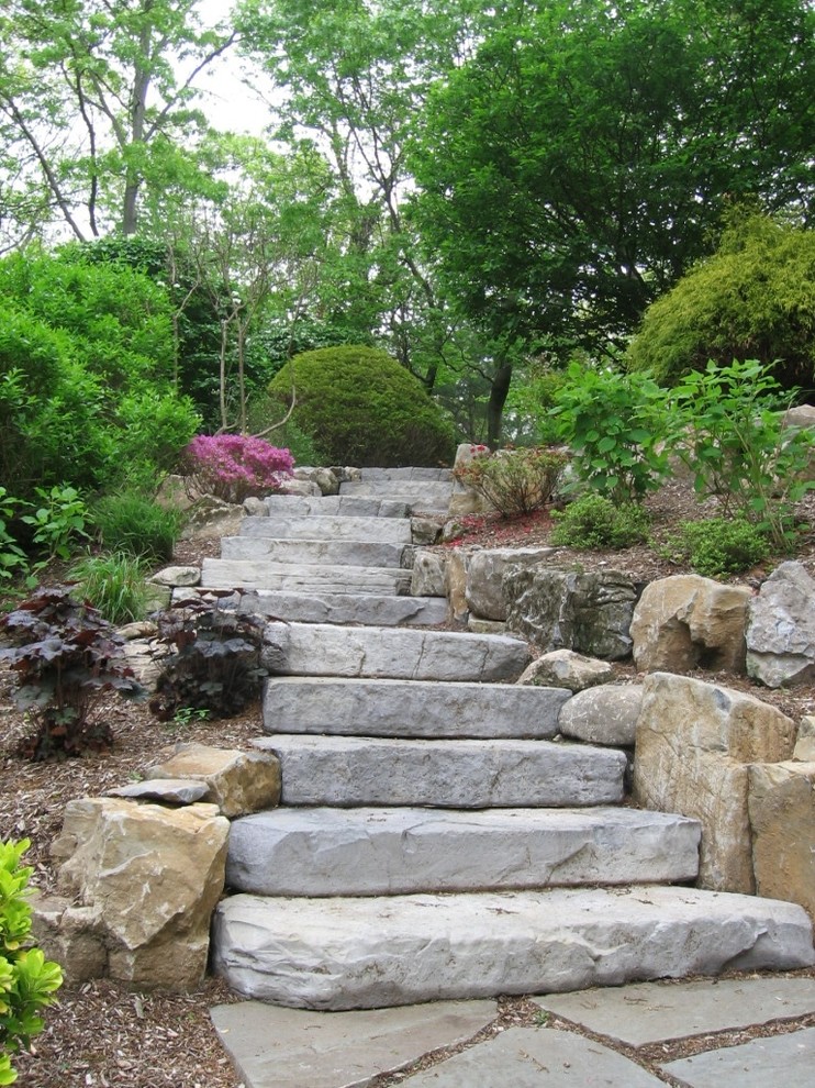 Inspiration for a mid-sized traditional partial sun backyard concrete paver landscaping in New York for summer.