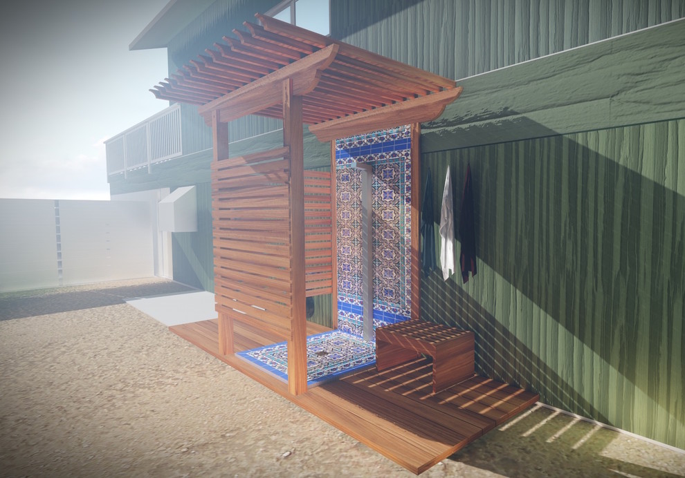 Cette image montre une terrasse latérale craftsman avec des pavés en béton et une pergola.