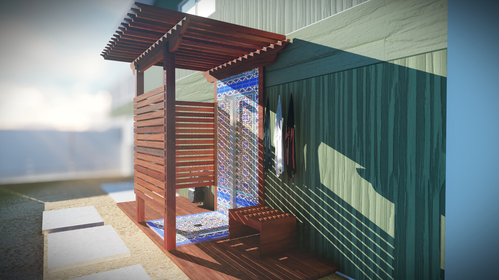 Diseño de patio de estilo americano pequeño en patio lateral con ducha exterior, adoquines de hormigón y pérgola