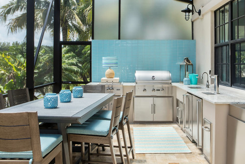 Blue Glazed Tile Backsplash and Beige Kitchen Deck: Outdoor Kitchen Inspirations
