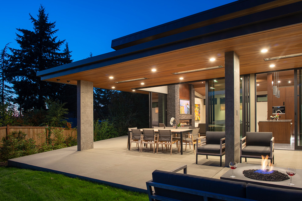 Свежая идея для дизайна: двор на заднем дворе в стиле модернизм с навесом - отличное фото интерьера