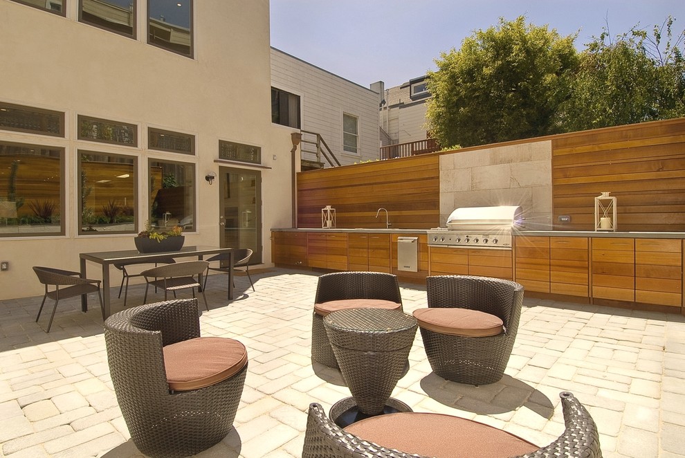 This is an example of a contemporary back patio in San Francisco with a bbq area.