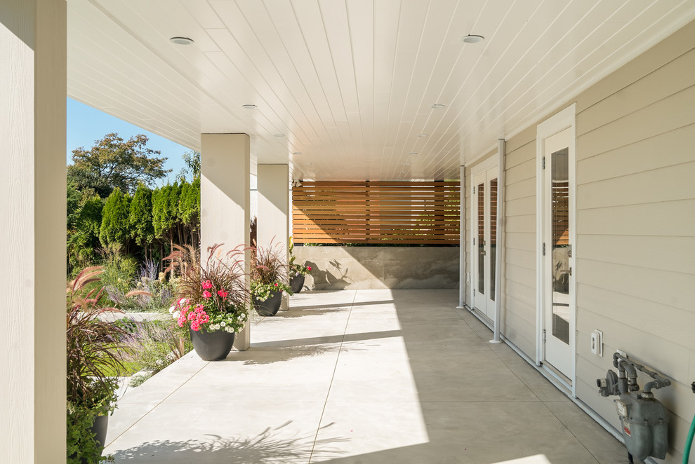 Стильный дизайн: двор среднего размера на заднем дворе в стиле модернизм с покрытием из бетонных плит и навесом - последний тренд