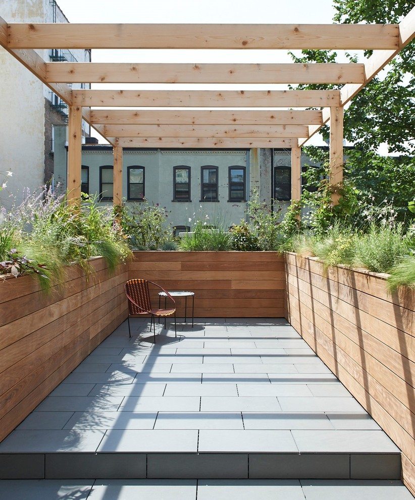 Imagen de patio clásico pequeño en patio trasero con jardín de macetas, adoquines de hormigón y pérgola