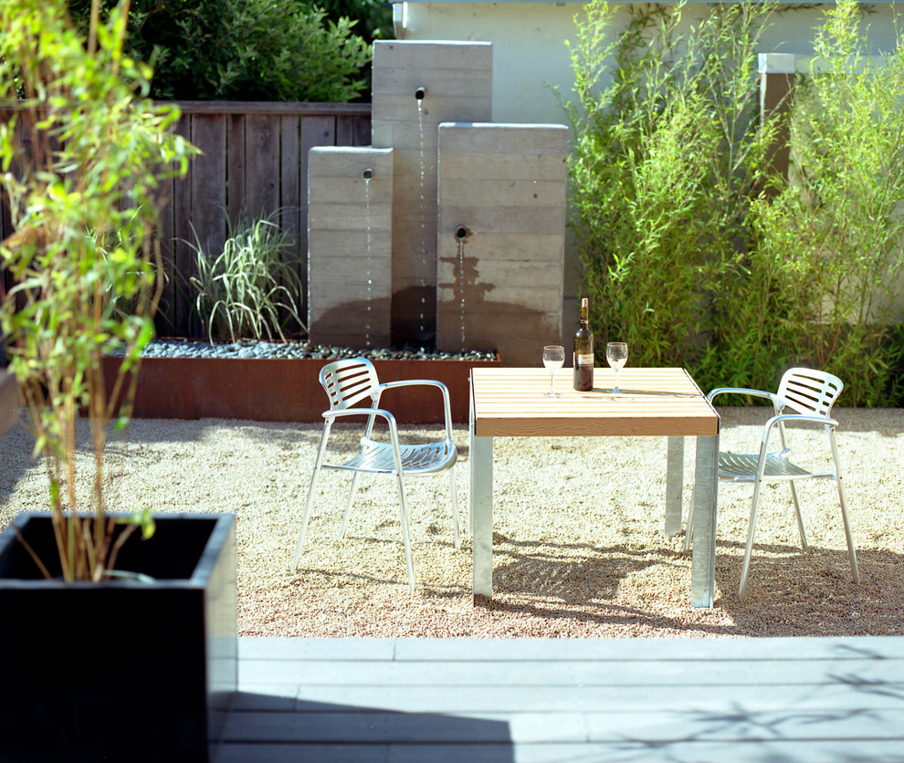 Пример оригинального дизайна: двор среднего размера на заднем дворе в современном стиле с фонтаном и покрытием из гравия без защиты от солнца