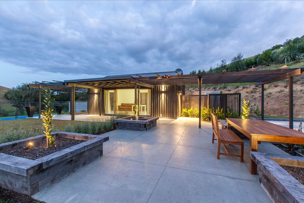 This is an example of a medium sized contemporary courtyard patio in Auckland with a potted garden, concrete paving and a pergola.