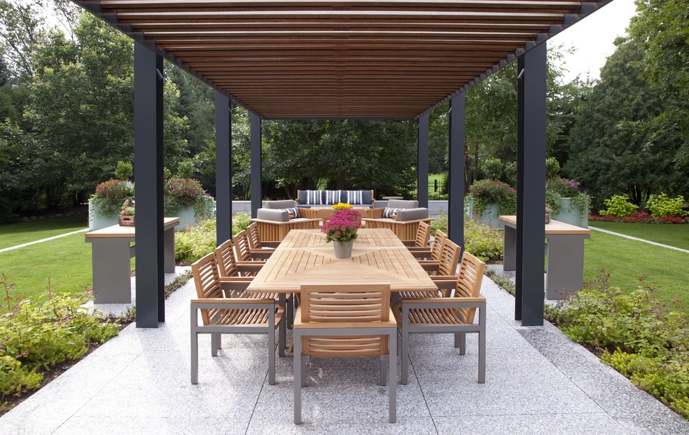 Example of a trendy patio design in Minneapolis with a pergola