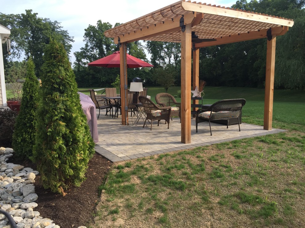 Inspiration for a medium sized classic back patio in Cincinnati with a fire feature, brick paving and a pergola.