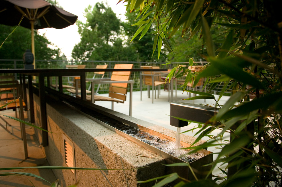 Diseño de patio de estilo zen grande sin cubierta en patio trasero con losas de hormigón