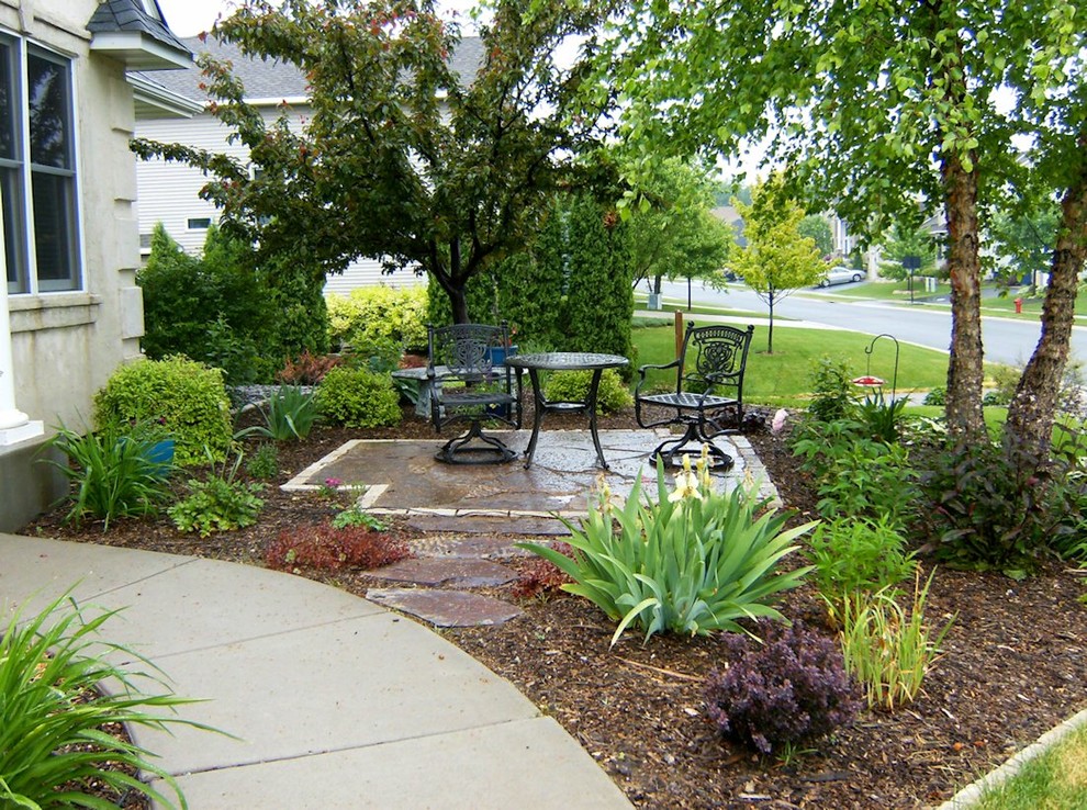 Patio - small transitional front yard stone patio idea in Minneapolis with no cover