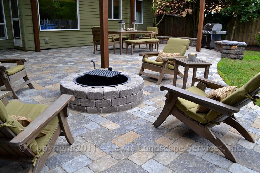 Paver Patio, Pergola, Fire Pit, Seat Wall, Lighting Contemporary