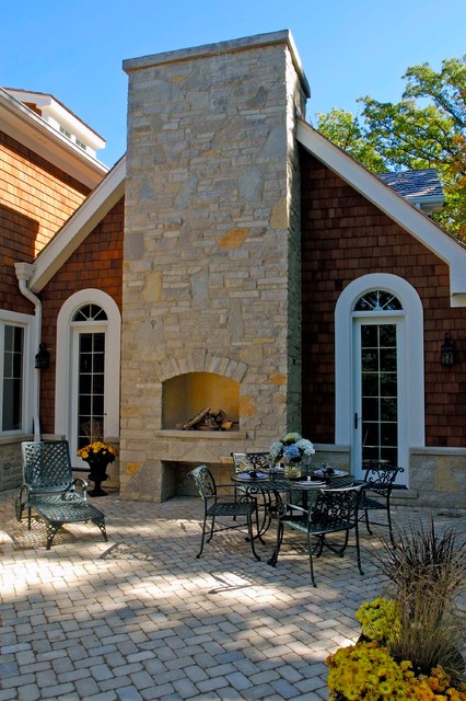 Paver Rear Terrace with Stone Outdoor Fireplace ...