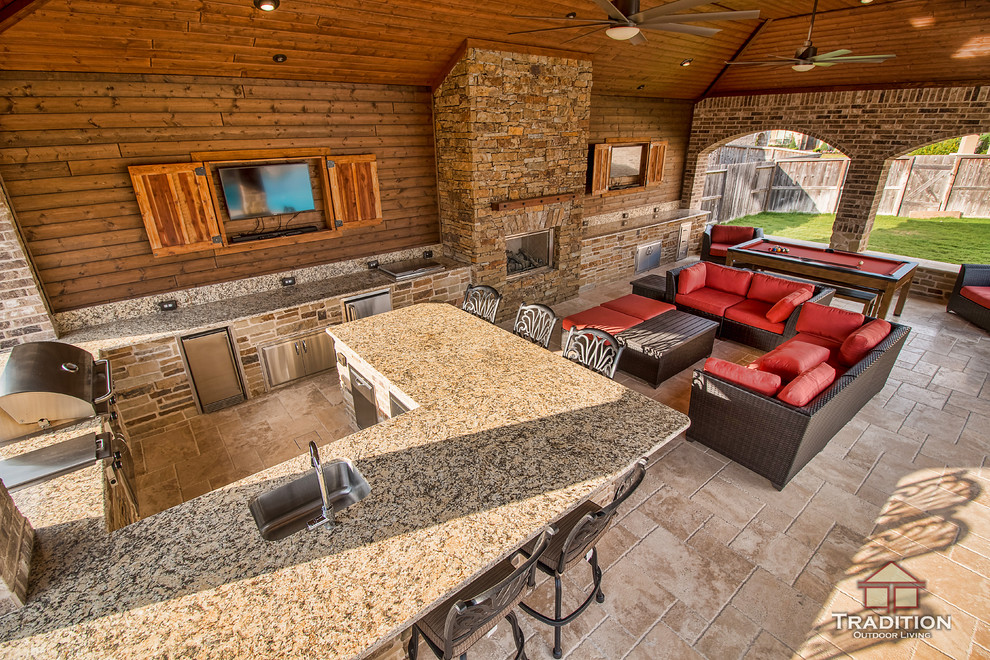 Pavilion with Kitchen, Fireplace, and Pool table Southwestern Patio