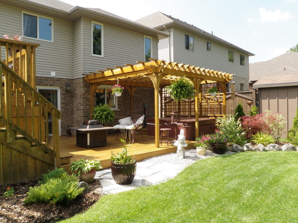 Inspiration for a mid-sized timeless backyard patio remodel in Toronto with decking and a pergola